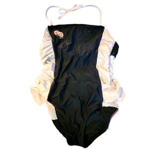 Summer Crush Black Pink Embroidered Flower Ruffle Side Halter Swimsuit Size 18